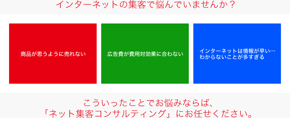 インターネットの集客で悩んでいませんか？「商品が思うように売れない」「広告費が費用対効果に合わない」「インターネットは情報が早い…わからないことが多すぎる」こういったことでお悩みならば、「ネット集客コンサルティング」にお任せください。