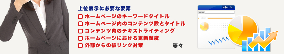 上位表示に必要な要素：・ホームページのキーワードタイトル。・ホームページ内のコンテンツ数とタイトル。・コンテンツ内のテキストライティング。・ホームページにおける更新頻度。・外部からの被リンク対策。等々